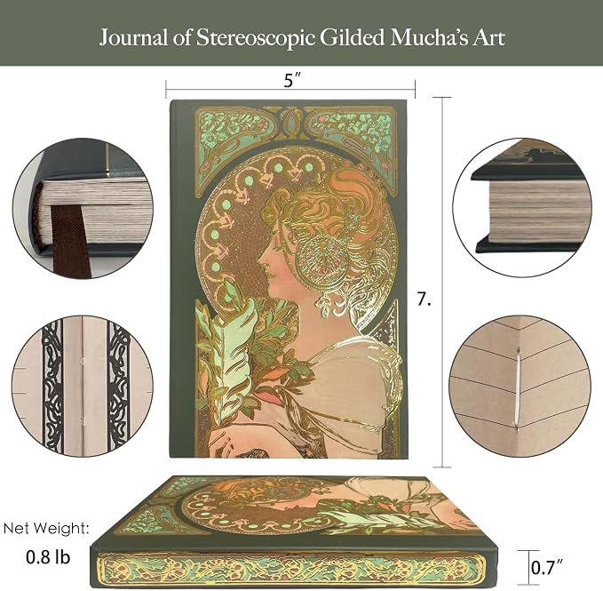 Pretty Journal for Women, Gilded Hardcover Notebook, B6, 5x7, Beautiful, Colorful Page, Fancy Notebook for Personal Writing, Alphonse Mucha Feather, Gift for Female Friend