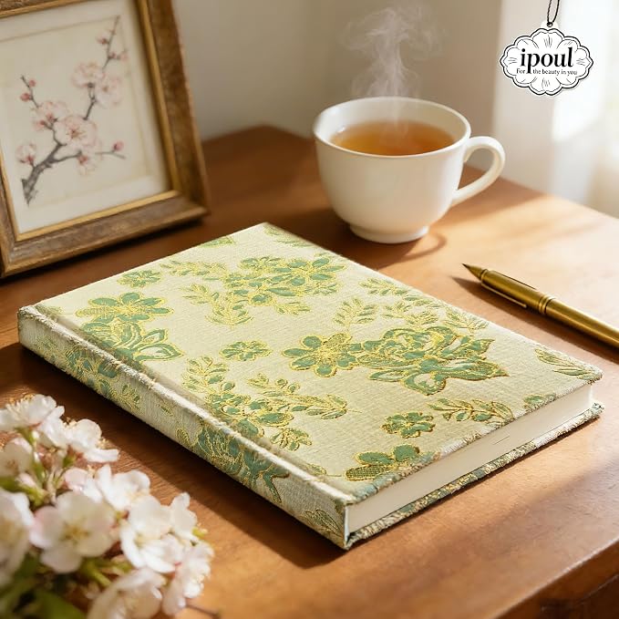Flower Notebook, Hardcover, Lay Flat, A5, 6x8, Wide Ruled Pages, Writing Journal for Women, Pretty Notebook, Recipe Journal, Garden Journal, Gratitude Journal, Plum Blossom, Green