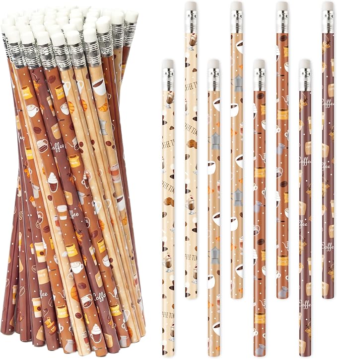 Xqumoi 60Pcs Coffee Themed Pencils with Eraser - Latte Cappuccino #2 HB Pencils, Coffee Lover Stationery Office Supplies Teacher Appreciation Gift Goodie Bag Fillers Stuffers Party Favors