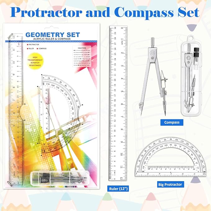 Coopay 3 Pcs Plastic 12 Inch Ruler, Clear Protractor and Compasses Set | Clear Ruler, Protractor and Compass set, Geometry, Durable, Drawing, Measuring, Math, Art, Classroom, School, Student