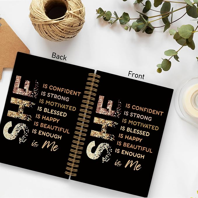 Gold She Is Me Affirmations Spiral Notebook, Inspirational Self Care Journal Notebook, Self Love Notebooks for School Work, Positive Office Supplies Gifts for Women Girls Friends, 5.5x8.3 Inch
