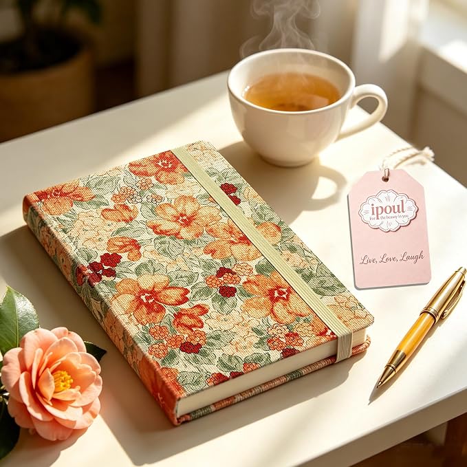 ipoul Writing Journal for Women, Cute Notebook, Lined Paper, A5, 6"x8", Hardcover, Lay-flat, Camellia Flower, Orange
