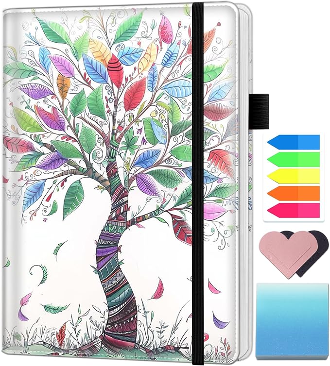A5 Leather Lined Journal Notebook, 200 Pages Hardcover Executive Notebook for Men Women Office School Note Taking, Thick Writing Paper Daily Journal with Bookmarks/Indexes, Colorful Tree of Life