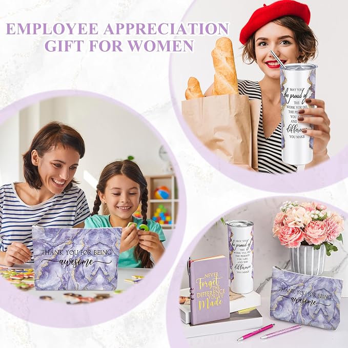 Domensi 6 Pcs Employee Appreciation Gift Set for Women Female Thank You Gift May You Be Proud 20 oz Rustic Marble Sign Tumbler Makeup Bag Journal for Boss Teacher Work Business(Purple)