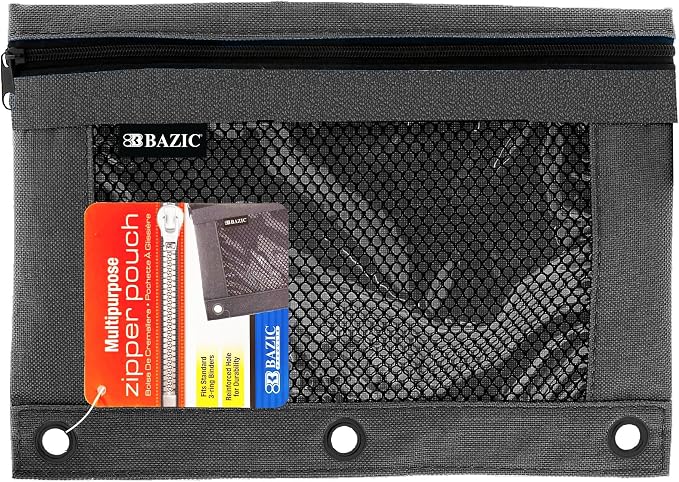 BAZIC Pencil Pouch 3 Ring Binder Pouch w/Rivet Enforced Rings Holes, Mesh Window, Zipper Pouches Cosmetic Bag, Black Color, 1-Count | clear mesh window and a zipper closure for pens, pencils, supplies