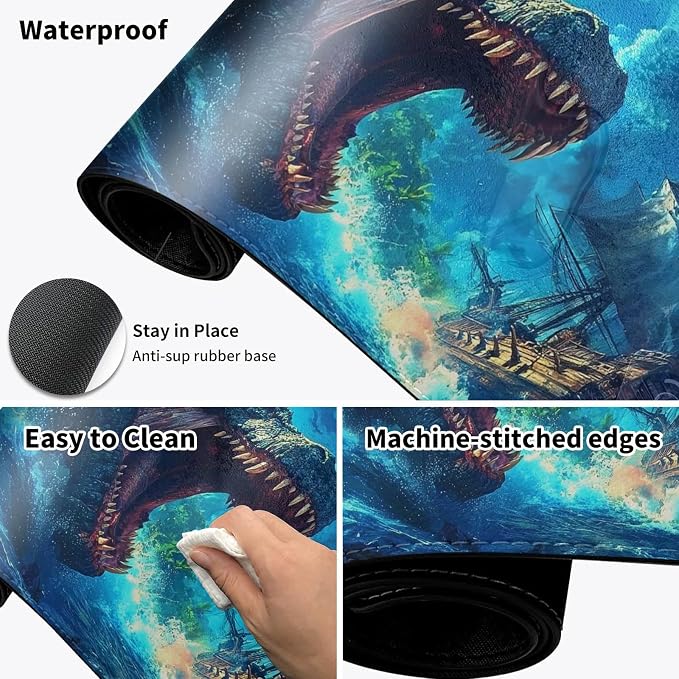 Warm Desk Pad,Heated Desk Pad,Office Mat,3 Heating Levels & 3 Hours Auto Shut-Off,31.5"*13" Gaming Mouse Laptop Keyboard Leather Desk Mat,Blue Dinosaur Ocean