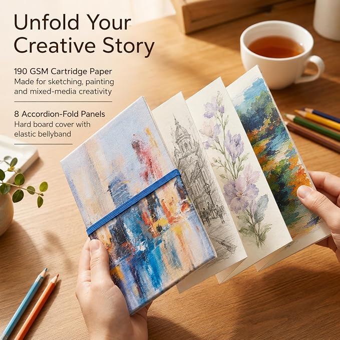 HQ Finestroke Panorama Mixed Media Journal, Zig Zag Fold Sketchbook, 6 x 8 Inches, Accordion Art Book, Canvas Cover, Pack of 3