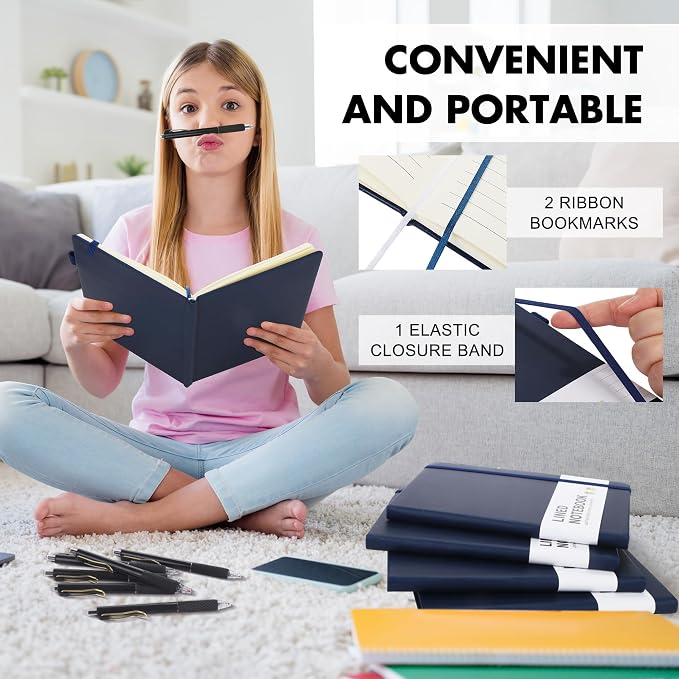Aodaer 12 Set Lined Notebook Journals with Pens A5 Notebooks 100 GSM College Ruled Hardcover Notebook PU Leather Notepad with Pen Holder for Office School, 5.7 x 8.3 Inches, Navy Blue
