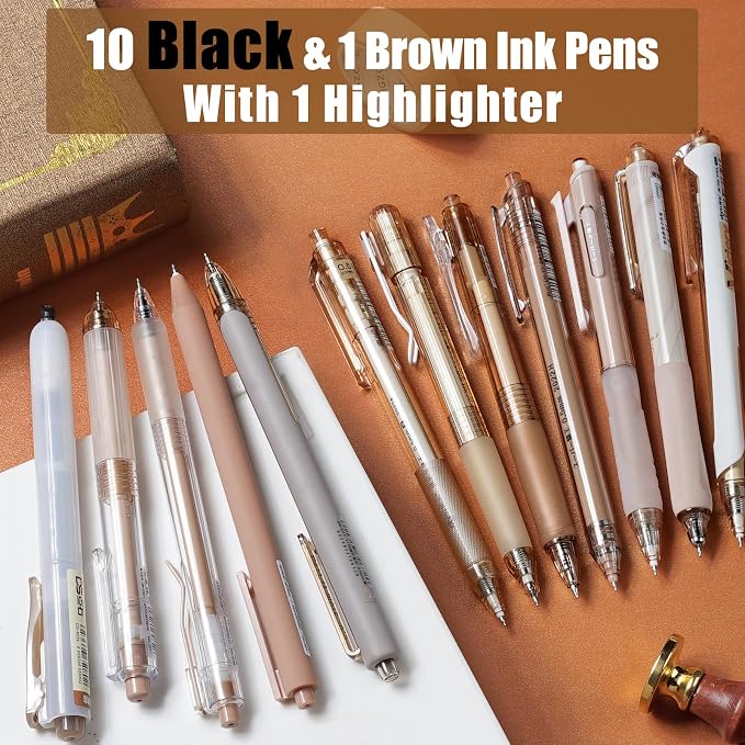 Four Candies Brown Pens, Black Gel Ink, Moor - 12ct, 0.5mm Fine Point | Boho Aesthetic Office Decor & Desk Accessories, Neutral Beige School Supplies, Journaling