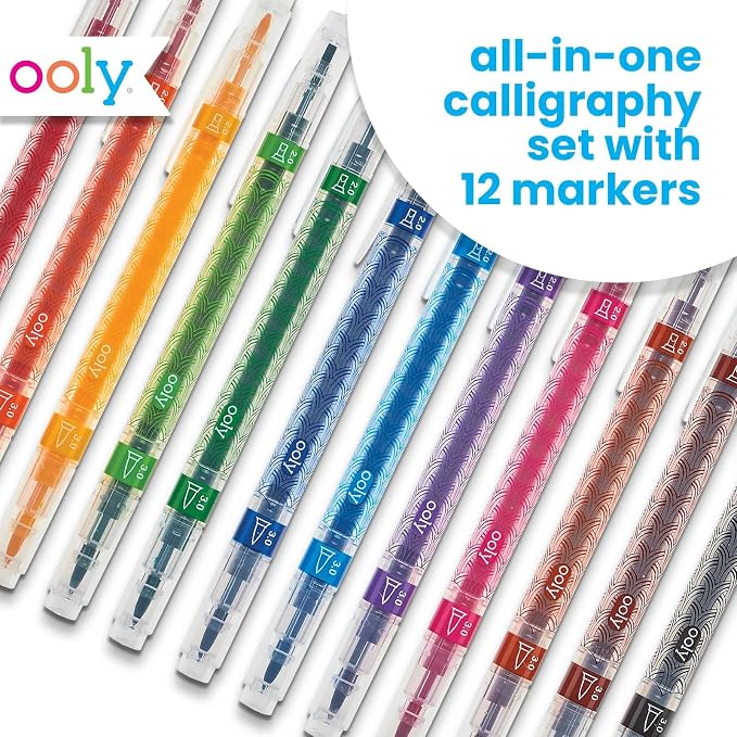 Ooly Calligraphy Duo Double-Ended Pens, Set of 12 | For Writing and Hand Lettering, Brush and Chisel Tip, Classic Colors, Acid-Free, Perfect for Beginners