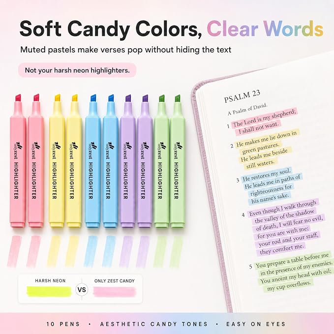 10 Pack Bible Safe Highlighters - Candy Color, Wax Highlighters | No Bleed, Scripture Markers for Journaling, Study Accessories and School Supplies