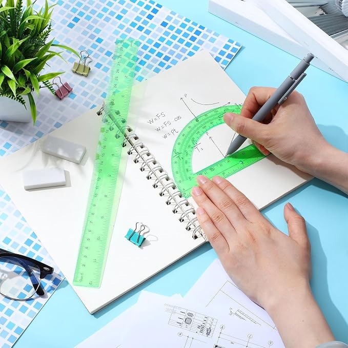 Zonon 2 Pcs 12 Inch Clear Ruler and 6 Inch Plastic Protractor Set, Dual Scale Inch/Cm Math Geometry Measuring Tools for Back to School Students Teachers Classroom Office Drafting Use(Green)