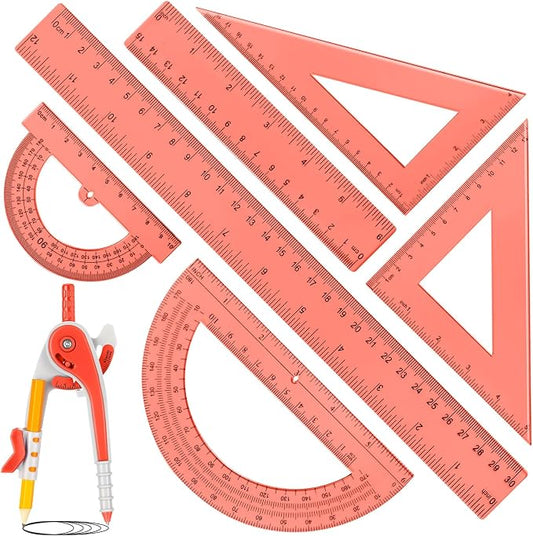 Zonon 1 Set Plastic Geometry Math Set 7 Pcs Includes 6'' / 4 '' Protractor, Drawing Compass, 45/60 Degree Triangle Rulers, 12'' / 6'' Math Ruler Transparent for Office Supplies(Orange)