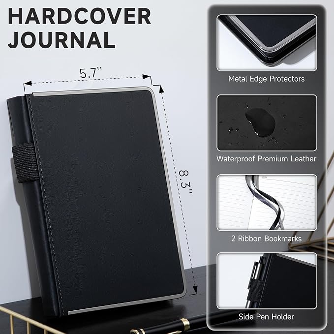 MINICAGIE Journal Notebook for Men Women Gifts Hardcover Leather Mens Journals for Writing 288 Pages 100 Gsm Paper Thick Journaling Notebooks for Work Diary, 5.7x8.3 In, Black