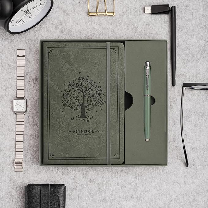 Lined Notebook with Gift Box for Women Men 320 Pages A5 Hardcover Leather with Pen Holder College Ruled Journals for Work Note Taking Travel School Green