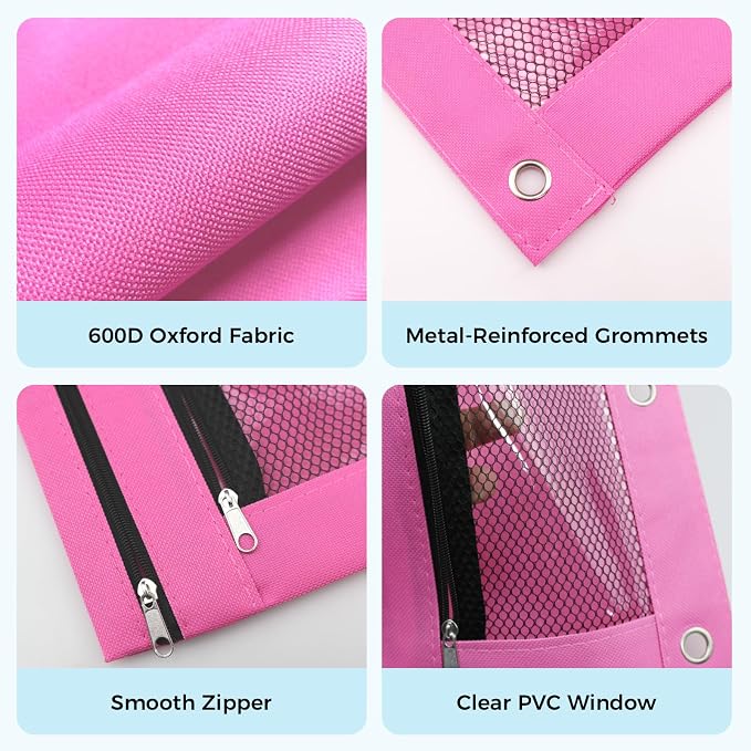Pencil Pouch for 3 Ring Binder, Pencil Case Bag with Zipper, 600D Fabric Pencil Pouch Holder Accessories, Clear Window Pencil Case Aesthetic Back to School Organizer Pockets for Boy Girl (Pink)