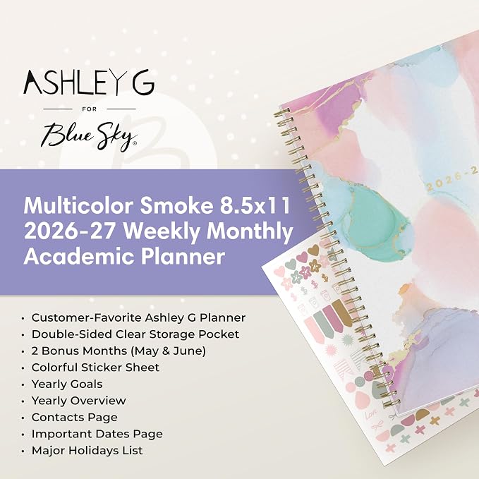 Blue Sky 2026-2027 Weekly & Monthly Academic Planner, 8.5"x11", Color Smoke | July 2026 - June 2027, Flexible Cover, Wirebound, Laminated Tabs, Storage Pocket, Stickers, Ashley G