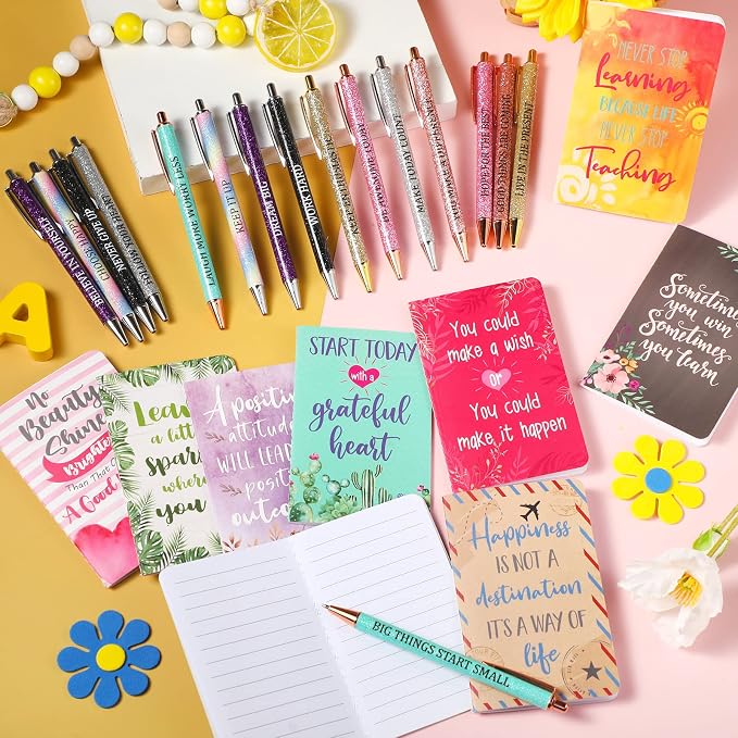 Funrous 32 Pcs Motivational Quote Pens Inspirational Notepads Mini Journal with Ballpoint Pen Small Notebooks Gift for Men Women Coworker Adult Party Favors Prize Teacher Student Office(Cute)