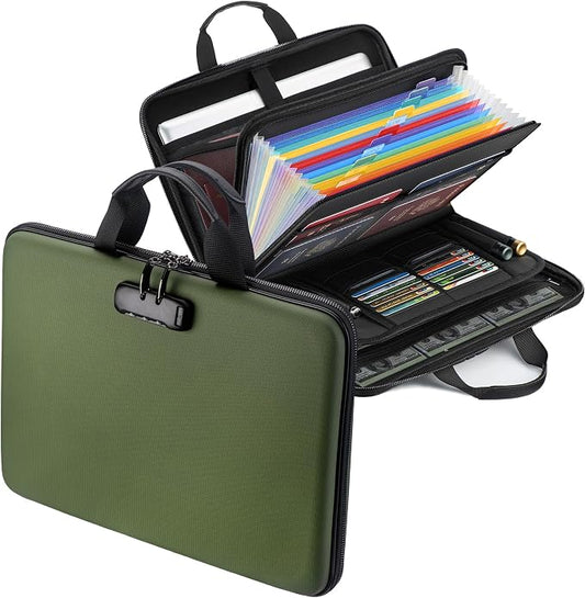 Fireproof Document Box with Lock, Hard-Shell Case Fireproof File Organizer with 13 Pocket Accordion File Folder, Portable Home Office Travel Safe Storage for Important Documents Laptop