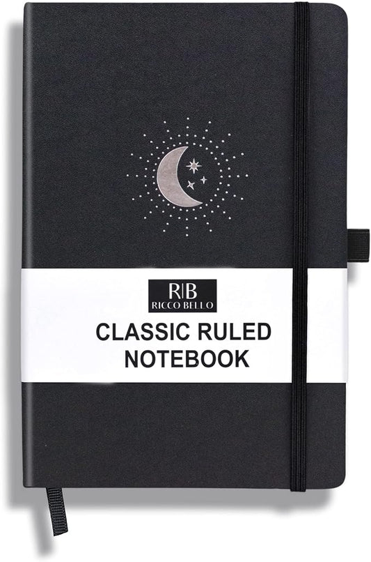 RICCO BELLO Lined Journal Notebook, Black Moon & Stars | Faux Leather Hardcover, With Pen Holder, 96 Sheets / 192 Pages, College Ruled, 5.7 x 8.4 Inches