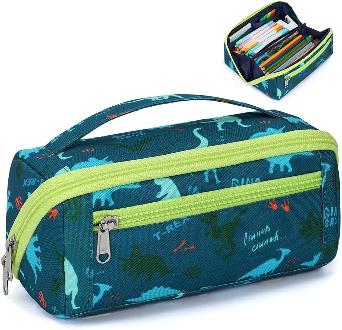 Large Pencil Case for Boys - Aesthetic Pencil Pouch for School | Kids Pencil Case & Wide Handle, Water Resistent Organizer Box, Fits 50 Pens & Markers, Daily Use, Green Dinasour