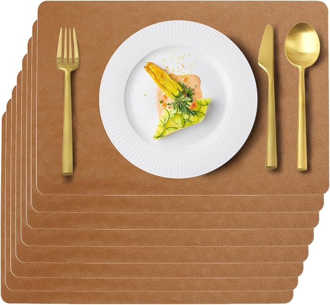 Brown Plastic Placemats Set of 8, Faux Leather Waterproof Table Mats | Brown Vinyl placemats,Wipeable and heat resistant table mats.Easy to clean,great for indoor and outdoor