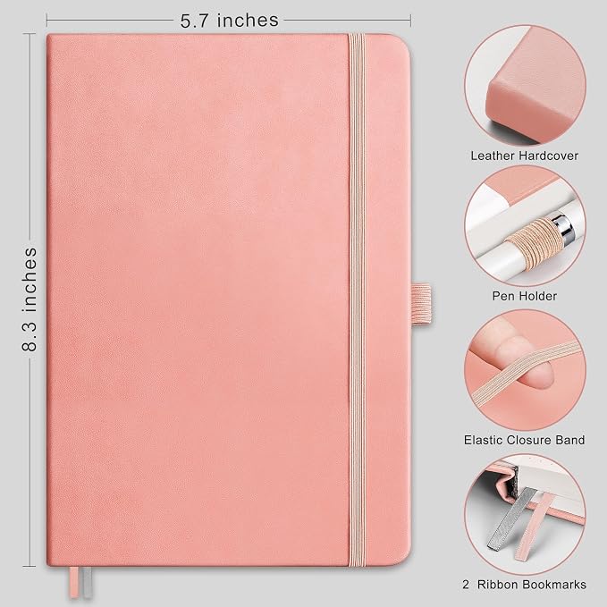 RETTACY Dotted Journal Notebook, 192 Pages, A5 Medium Size (5.7'' x 8.3'') | Leather Hardcover, 100 GSM Thick Paper, for Journaling, Planning, Tracking (Pink)