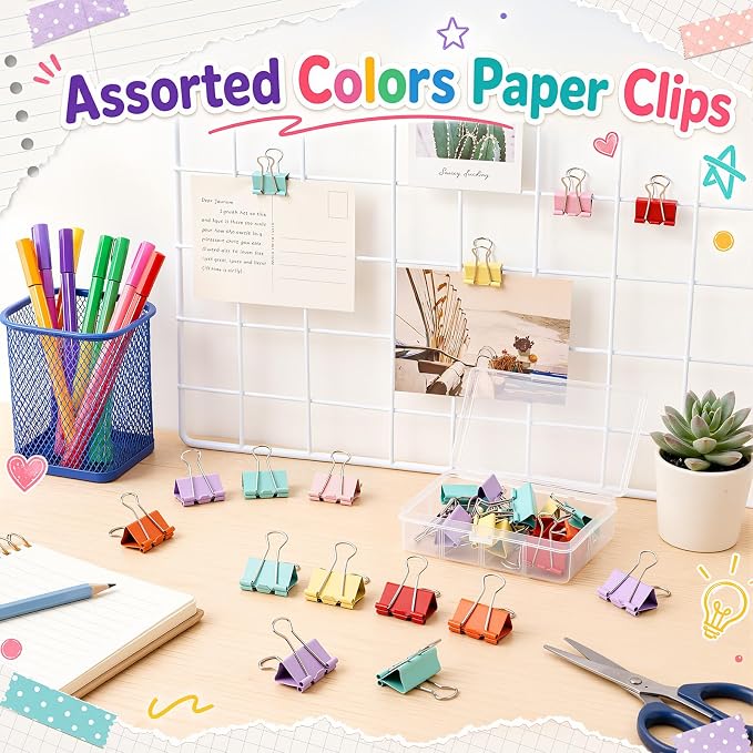 Yexiya 300 Pcs Medium Binder Clips Sturdy 1.25 Inch Muticolor Paper Med Clips Office Supplies Paper Clamps for Office Teachers Students School Business Supplies