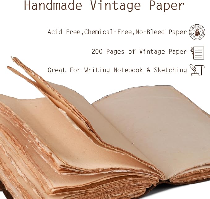 LEATHER VILLAGE Leather Bound Vintage Journal for Women & Men - Book of Shadows - Lock Closure - 200 Pages of Antique Deckle Edges Handmade Watercolor Paper - Distressed Brown - 10X7 inches