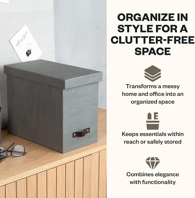 Bigso John Desktop File Box - Storage Solution and Document Organizer for Important Paperwork - Durable Hanging File Box with a Lid and Leather Handle - 7.36 in x 13.26 in x 10.51 in - Grey