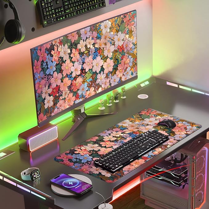 Floral Desk Mat for Women, Pastel Aesthetic Large Mouse Pad, XXL Desk Pad, Non-Slip Gaming Pad for Study Office Cubicle Decor 31.5x15.7in