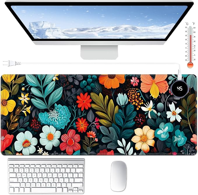 Heated Desk Pad Large Mouse Pad 31.5 x 13 inch with 3 Levels Heating & Auto Shut-Off Warm Mouse pad PU Leather Computer Mousepad for Home Office Work - Colorful Flowers and Leaf