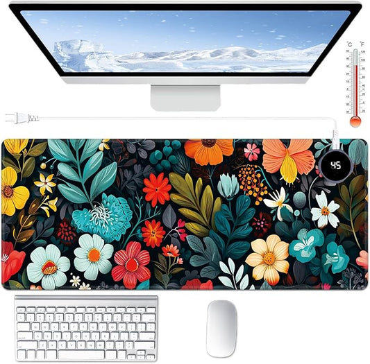 Heated Desk Pad Large Mouse Pad 31.5 x 13 inch with 3 Levels Heating & Auto Shut-Off Warm Mouse pad PU Leather Computer Mousepad for Home Office Work - Colorful Flowers and Leaf
