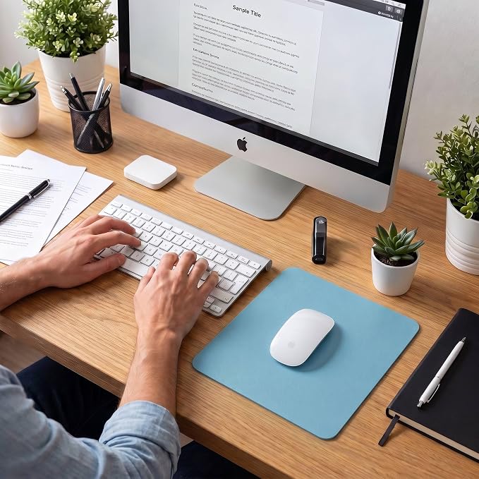 Leather Desk Pad Protector, Waterproof Mouse Pad, PU Desk Mat, Office Desk Cover, Desk Writing Mat for Office/Home/Work/Cubicle (Light Blue/Silver) 9x8 in