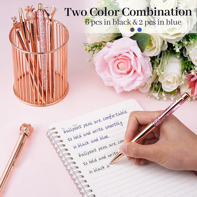 WEMATE 8Pcs Rose Gold Pens Crystal Diamond Pens with Black & Blue Ink | Fancy Pens for Journaling, Office & Gift Supplies for Women Girls, Birthday and Back to School