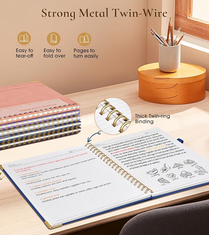 Hardcover Spiral Notebook Journal 8.5” x 11”, A4 Large Leather Notebooks for Women Men, Lined College Ruled Notebook, 100 GSM Paper, Spiral Bound Journals for Work School Note Taking Business, Navy