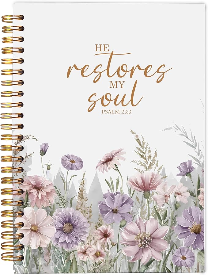 Christian Notebook for Women, Christian Gifts Journal, Prayer Journal for Women, Bible Journaling Notebook, PSALM 23:3 He Restores My Soul Floral Spiral Notebook 5.5x8.3