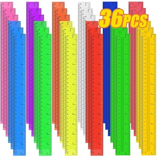 36 Pack 12 Inch Multicolor Plastic Rulers Bulk, Transparent Metric Rulers with Centimeters and Inches, Straight Measuring Rulers for Back to School, Kids Classroom School Office Home Supplies