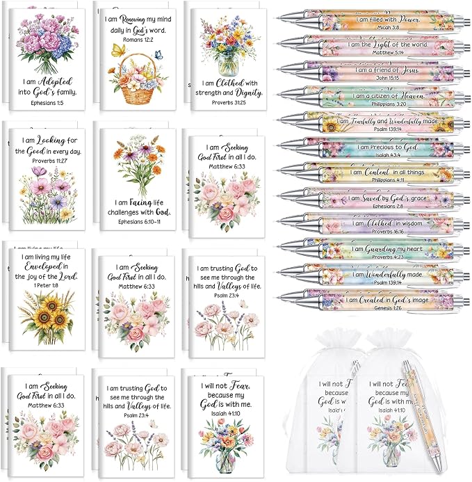 Mooliwe 48 Pcs Positive Affirmation Gift Set Gratitude Notebooks with Pens Small Bags Motivational Encouragement Notepads Daily Affirmations Journal for Women Stress Relief Self Care (Christian)