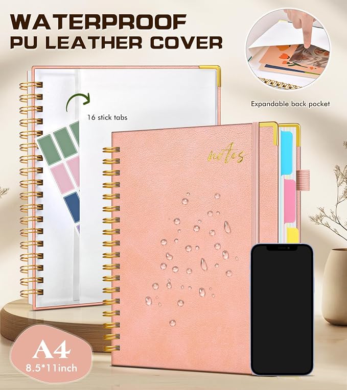 Hardcover Spiral Notebook Journal 8.5" x 11" Leather 5 Subject Notebook with Removable Dividers Tabs, 300 Pages Organizer Notebooks for Work School, College Ruled, Large Lined Journal for Women,Pink