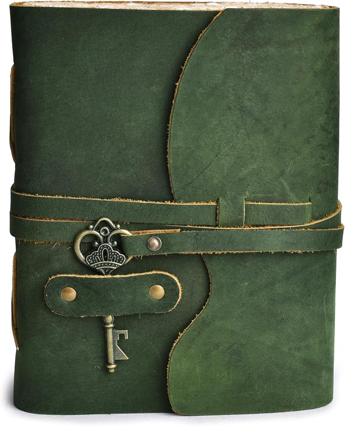 LEATHER VILLAGE Vintage Leather Journal – 200 Handmade Vintage Deckle Edge Paper – Leather bound Journal For Women Men – Vintage Key Closure - Book of Shadows - Green - 6X4 inches (A6)