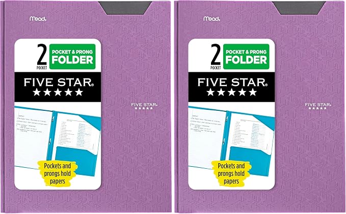 Five Star Folder, 2-Pocket, Prong Fasteners | Amethyst Purple | Pack of 2 | Stay-Put Design