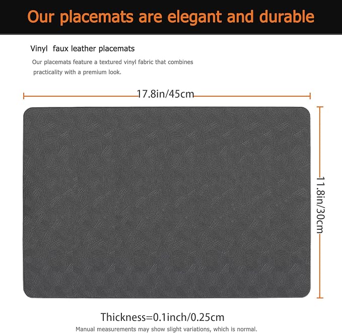 Gray Plastic Vinyl Placemats Set of 12, Waterproof Heat Resistant Table Mats,Faux Leather Wipeable Washable Easy Clean Non-Slip Place Mats for Indoor Outdoor(12,Gray)
