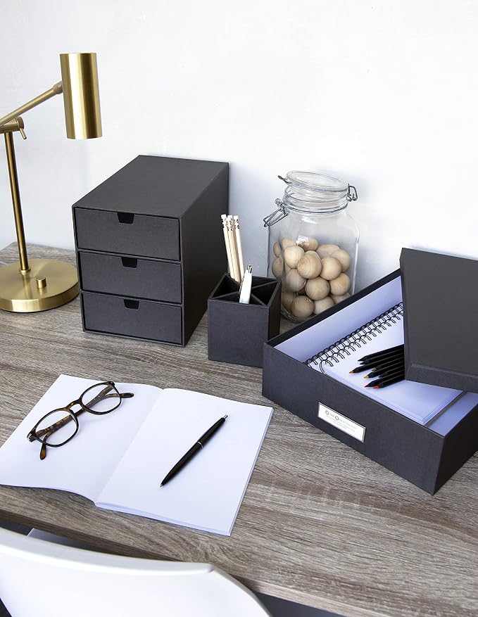 Bigso Oskar Fiberboard Label Frame Document Letter Box - File Organizer Box for Important Paperwork - Document Storage with a Lid & Metal Label Window - 3.3 in x 10.2 in x 13.8 in - Dark Grey