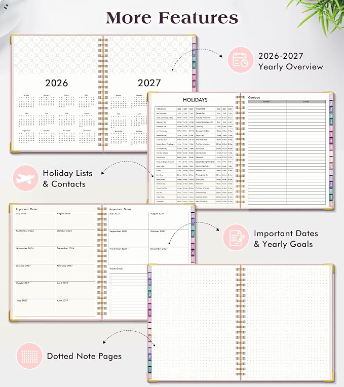 Academic Planner 2026-2027, 18 Months Weekly and Monthly Hardcover Planner, July 2026 - December 2027, 8.5" x 11" A4 Large Daily Calendar Planner Book with Tabs, Spiral College School Agenda Organizer for Student Teacher, Pink