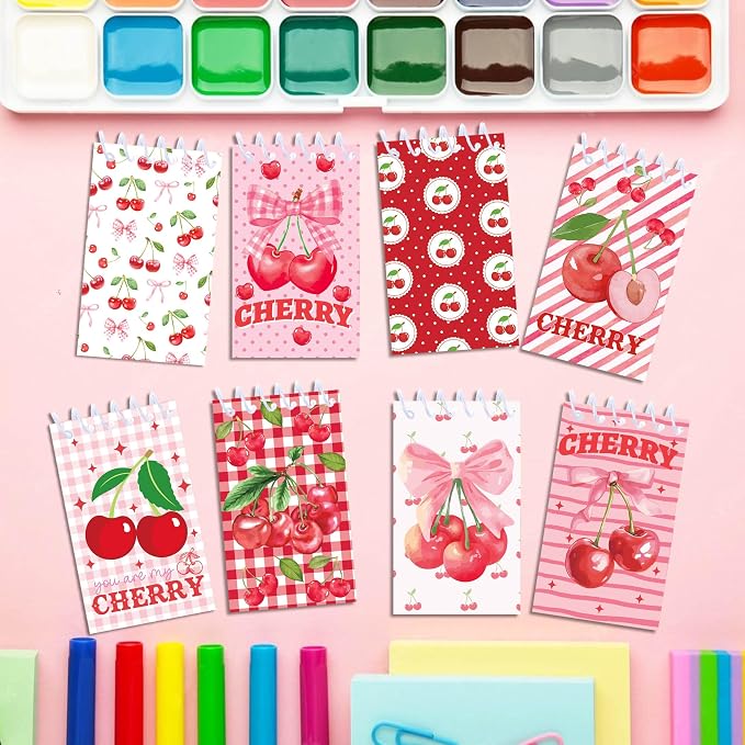 Cherry Mini Coil Notepad 24 Pcs, 2.36 x 3.94 Inch Cute Small Notebooks with 8 Adorable Cherry Designs, 16 Sheets 32 Pages, Memo Pads for Daily Planning, Shopping Lists, Office School Supplies