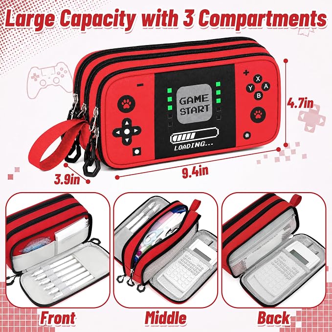 Pencil Case for Boys, Large Capacity Pencil Pouch with Zipper Compartments, Gamer Pen Bag Organizer for School Kids Teens