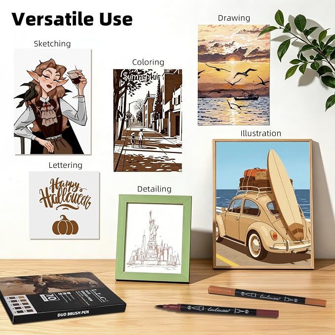 LIULIUCAI 10 Brown Dual Markers, Fine & Brush Tip Pen for Adult Coloring | Drawing Pen, Earthy Brown Markers for Wood Textures, Rustic Illustrations, Animal Sketches , Cozy Interiors, No Bleeding