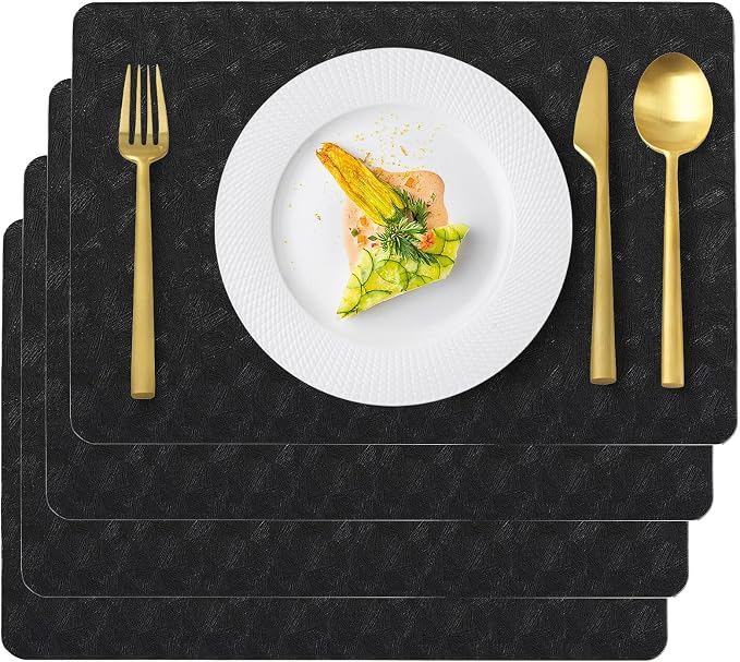 Black Plastic Placemats Set of 8,Faux Leather Waterproof Table Mats | Black Vinyl placemats,Wipeable and heat resistant table mats.Easy to clean,great for indoor and outdoor