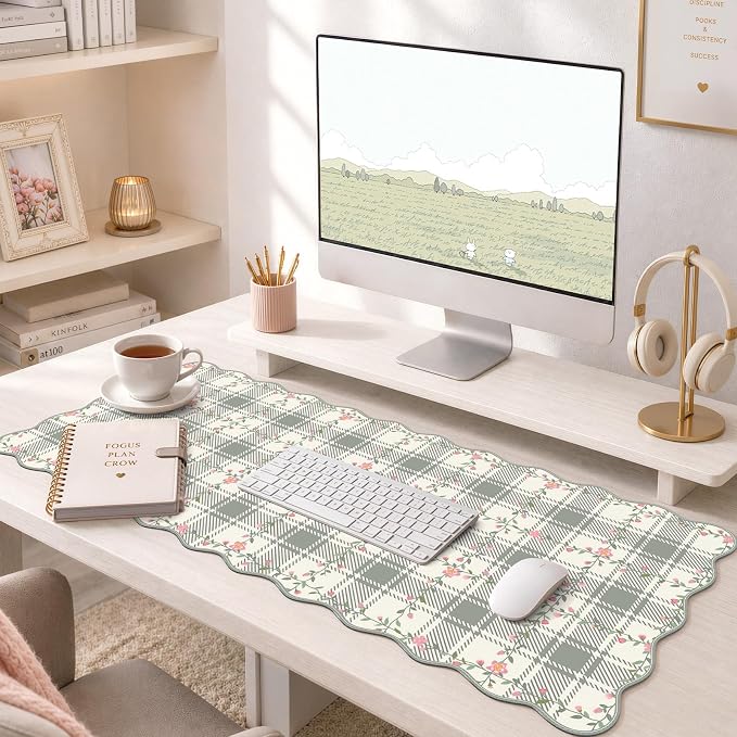 iCasso Leather Scalloped Checkered Desk Mat, XXL Flower Mouse Pad, Back to School Desk Matt for Desktop, Anti-Slip Big Cute Mousepad with Stitched Edges for Home Office Decor (Light Green)